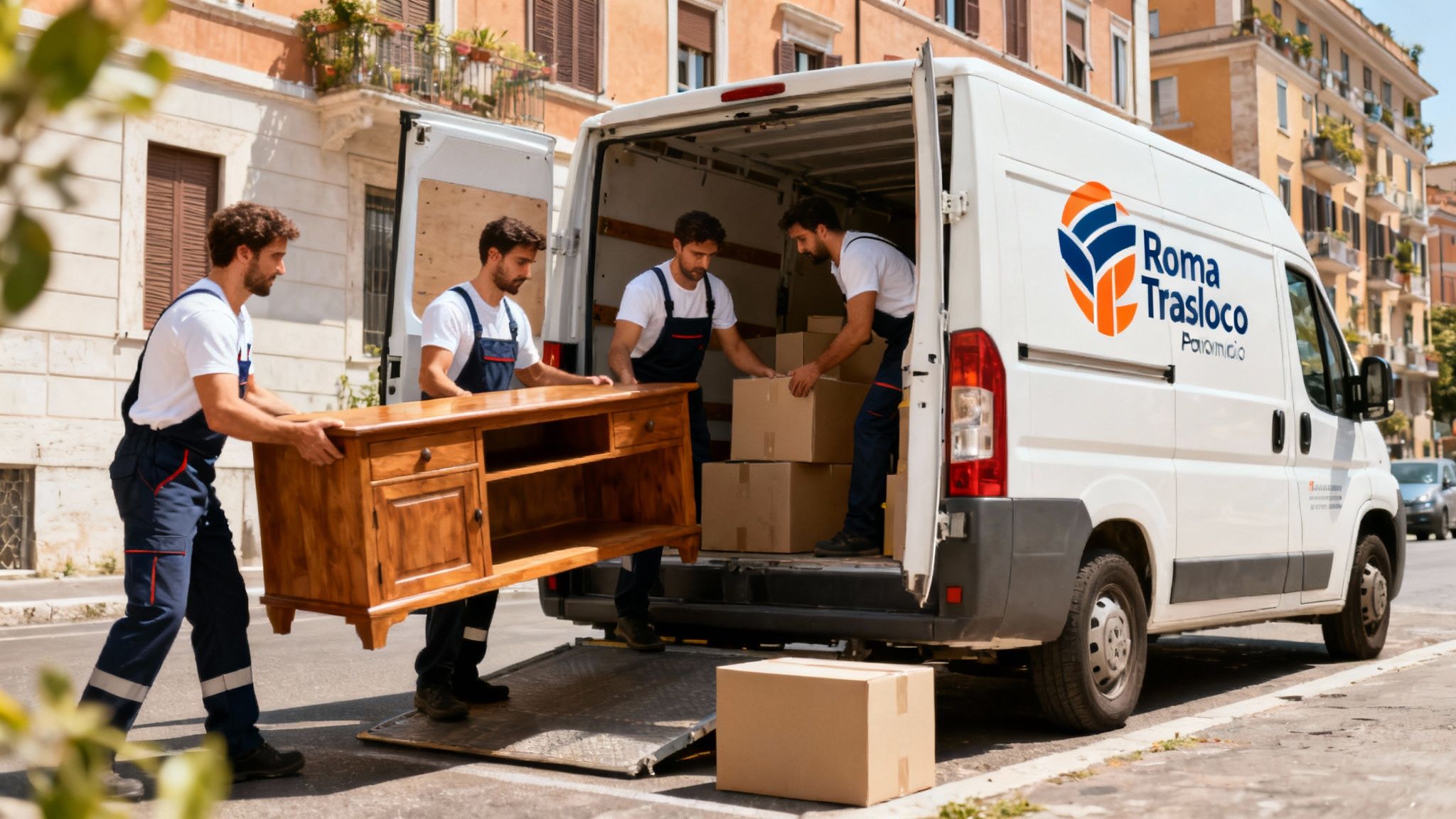 Quartiere Portonaccio - squadra professionista carica mobili su furgone moderno con logo Roma Trasloco