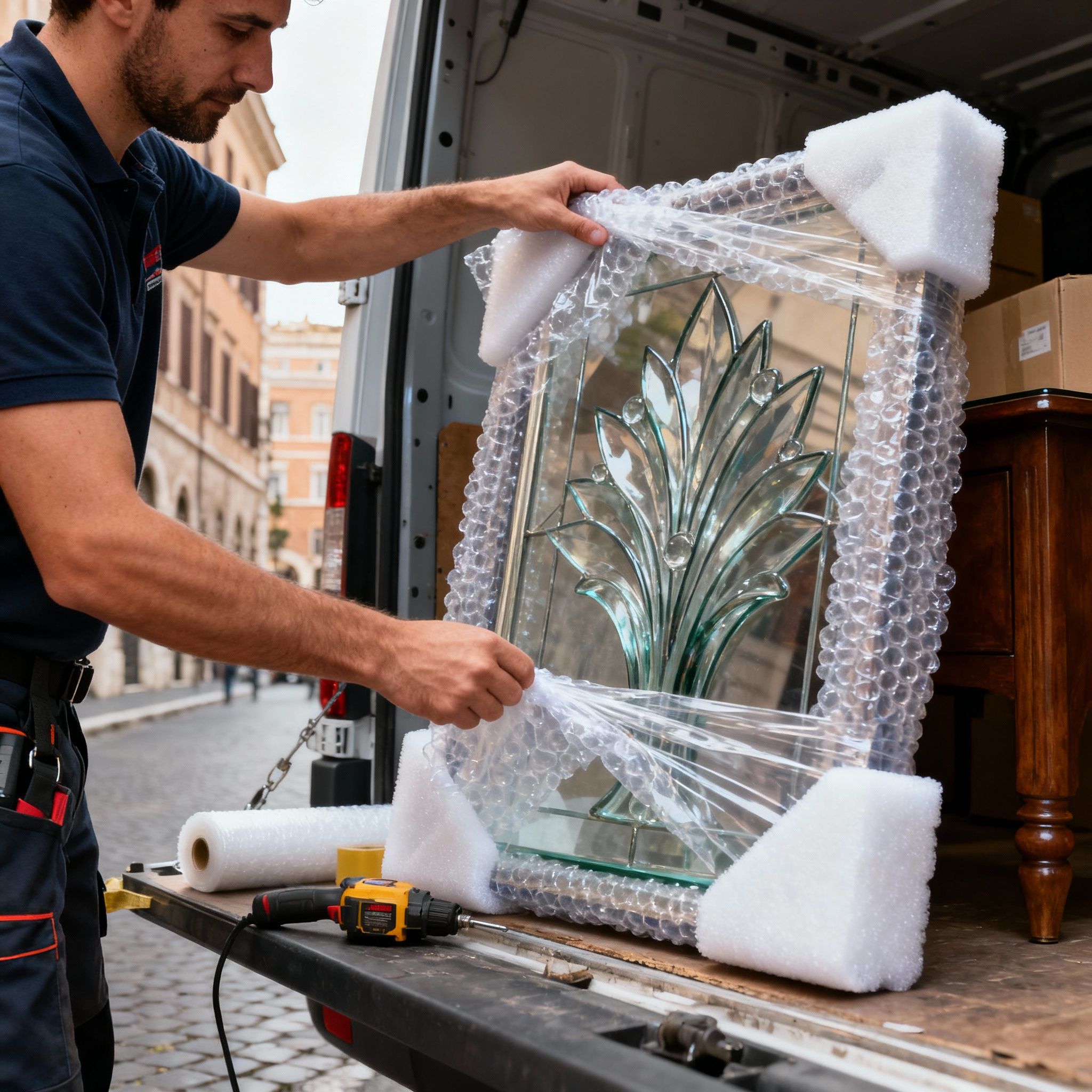Quartiere Portonaccio - dettaglio mani esperte proteggono oggetti di valore con materiali professionali
