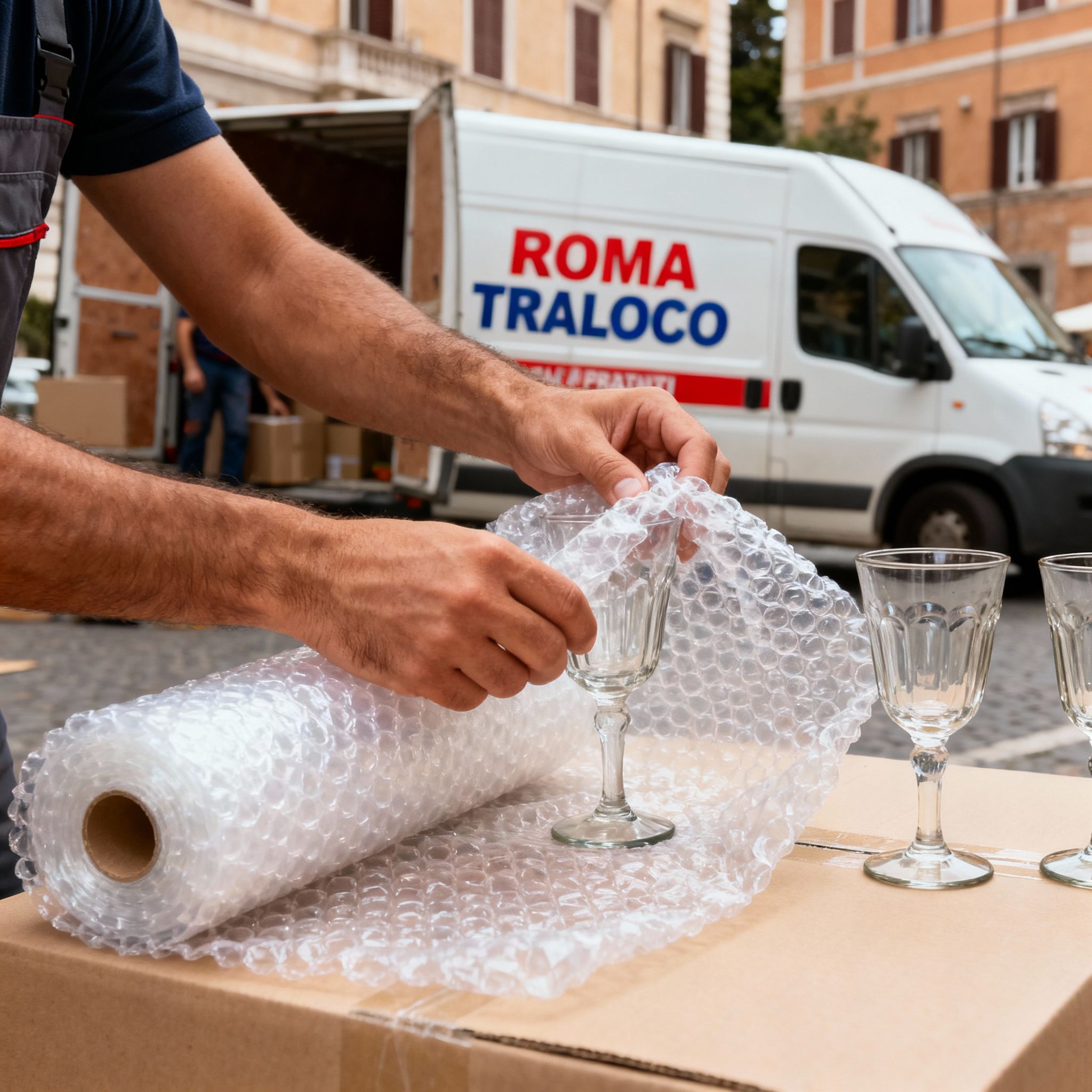 Quartiere Prati - dettaglio di mani professionali imballano oggetti fragili con cura estrema, massima sicurezza