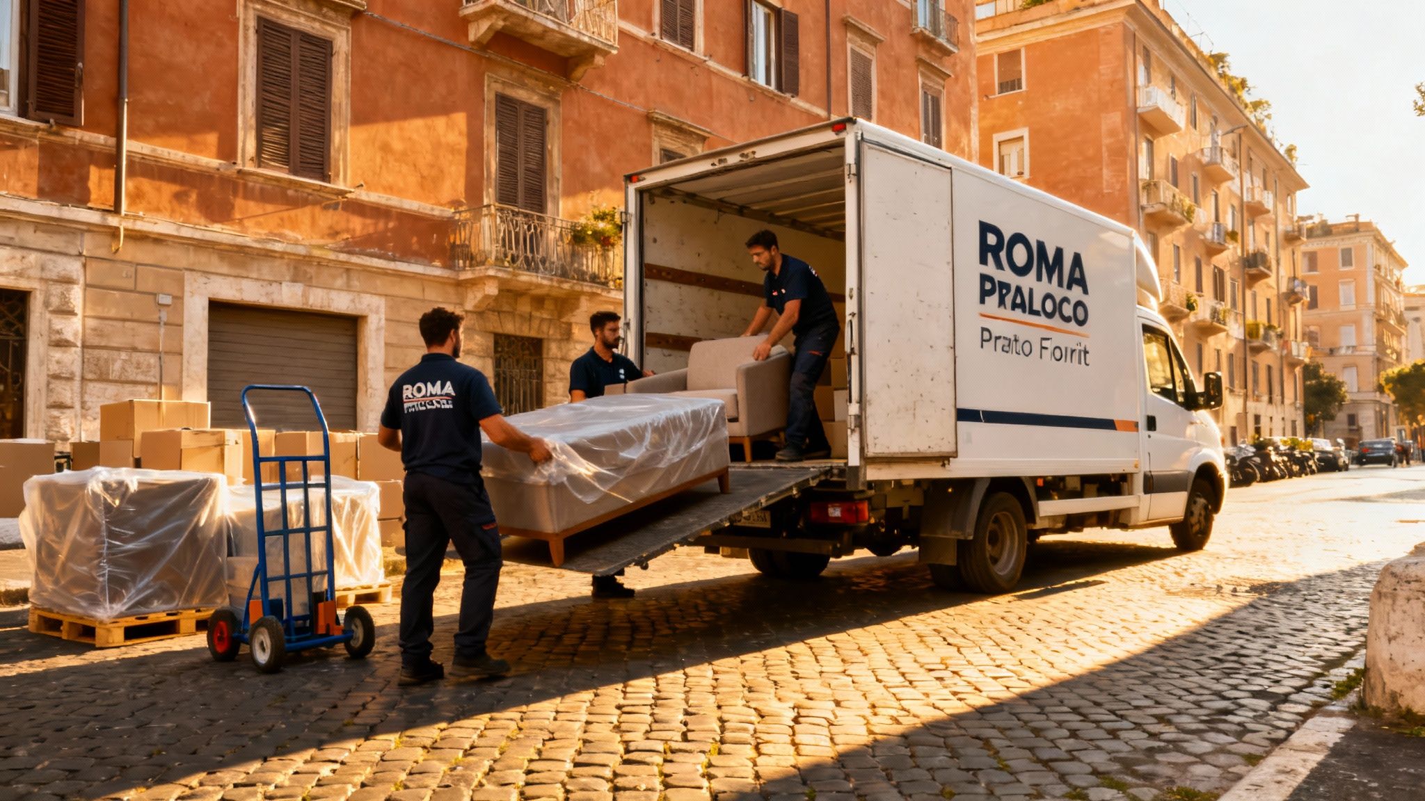 Quartiere Prato Fiorito - squadra professionale carica mobili su furgono Roma Trasloco