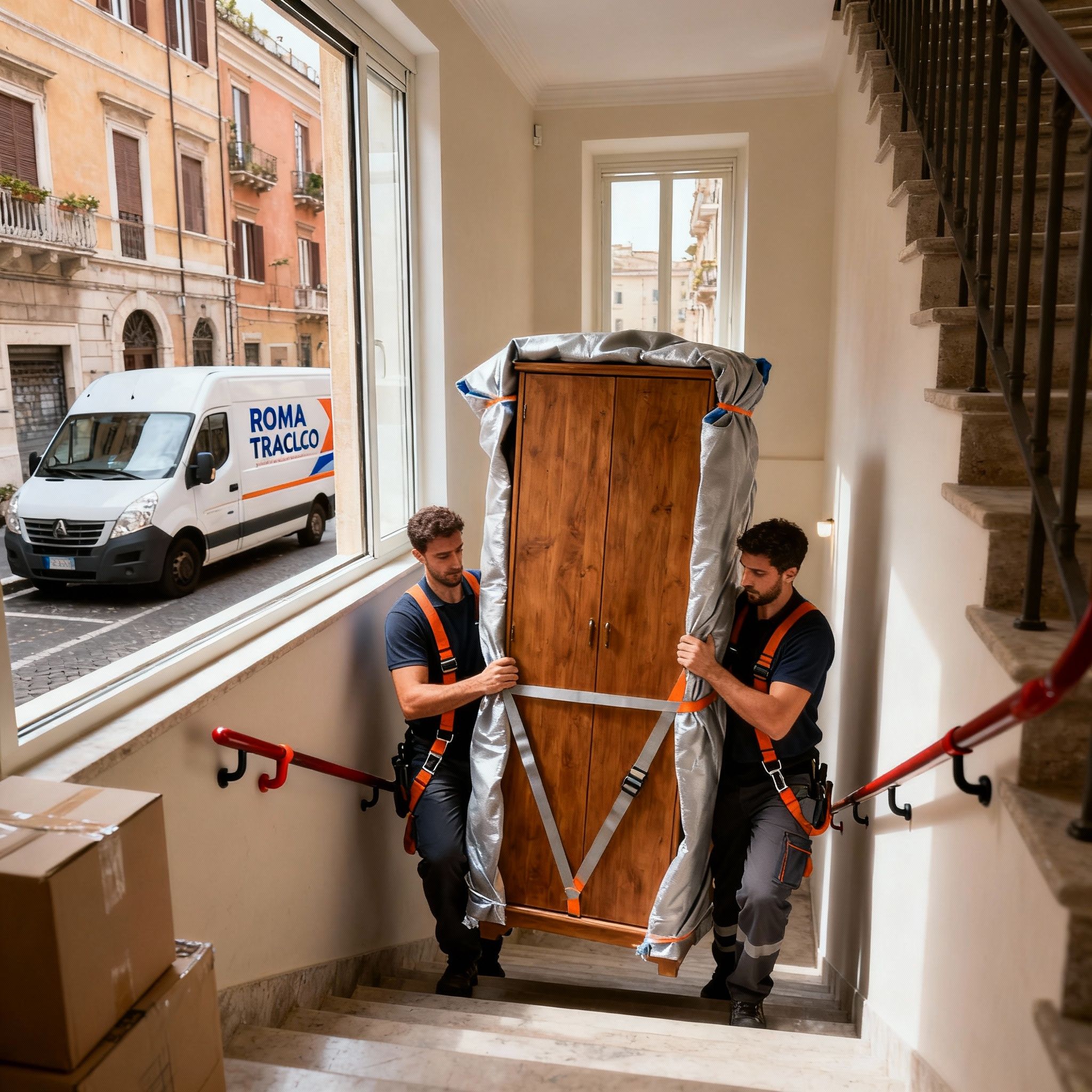 Quartiere Prato della Signora - operatori maschi collaborano nel trasporto di mobili delicati su scale