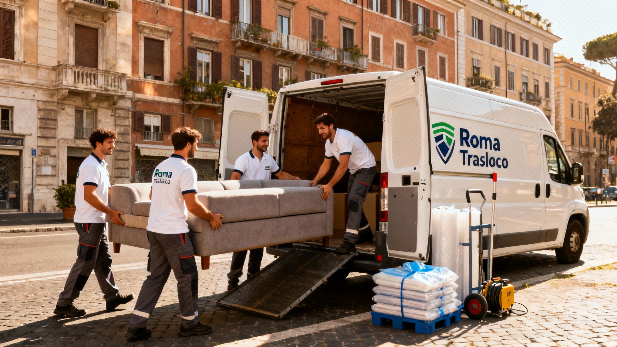 Quartiere Prato della Signora - squadra maschile di traslocatori professionisti carica mobili su furgone moderno
