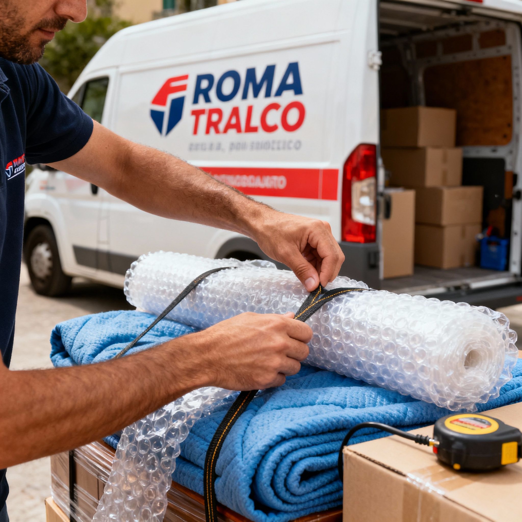 Quartiere Sacco Pastore - dettaglio mani esperte proteggono oggetti fragili con materiali professionali