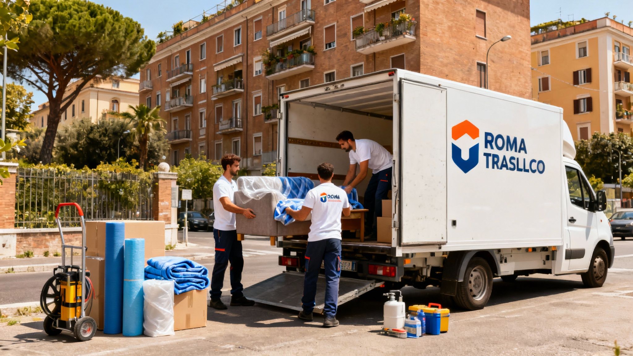 Quartiere Salario - squadra professionale carica mobili su furgone con logo Roma Trasloco