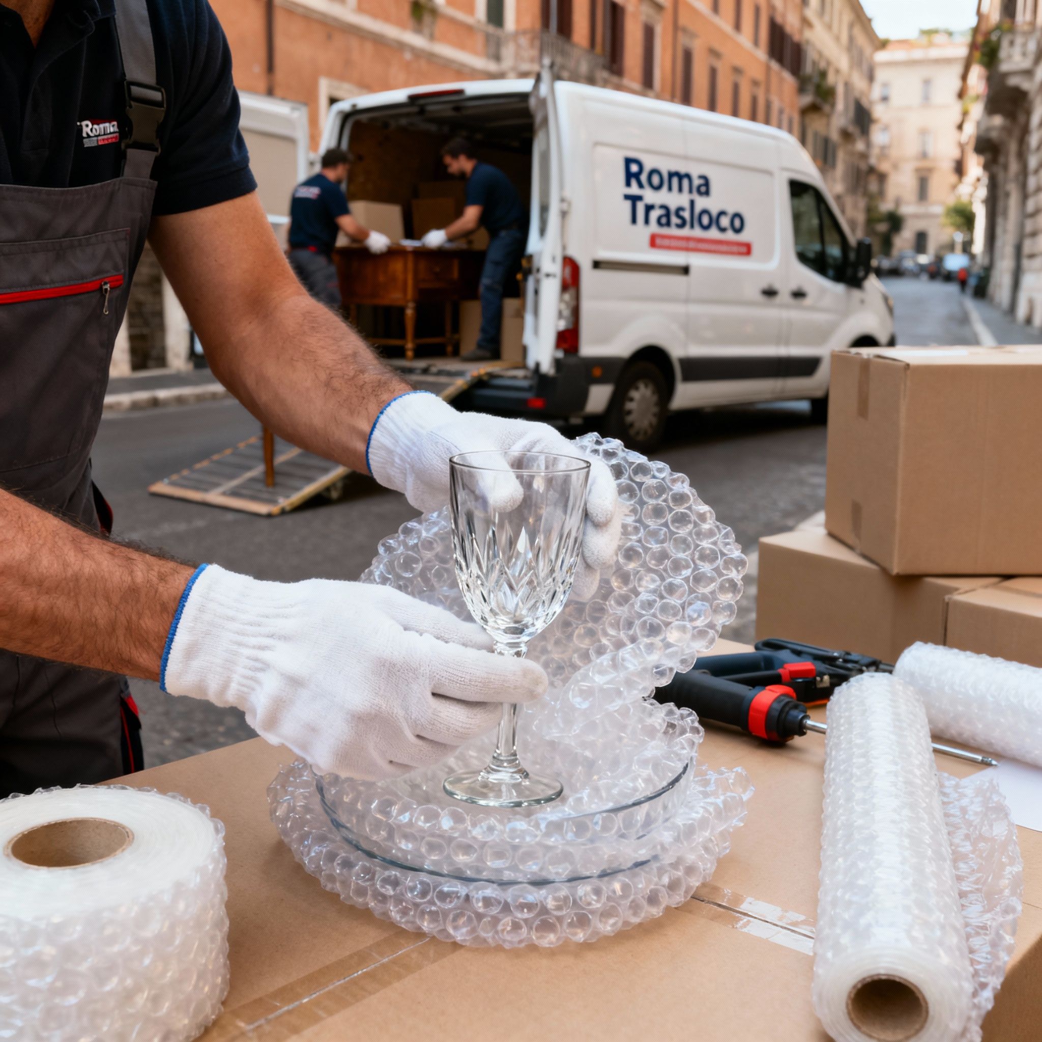 Quartiere San Lorenzo - dettaglio mani esperte imballano calici con pluriball e protezione professionale