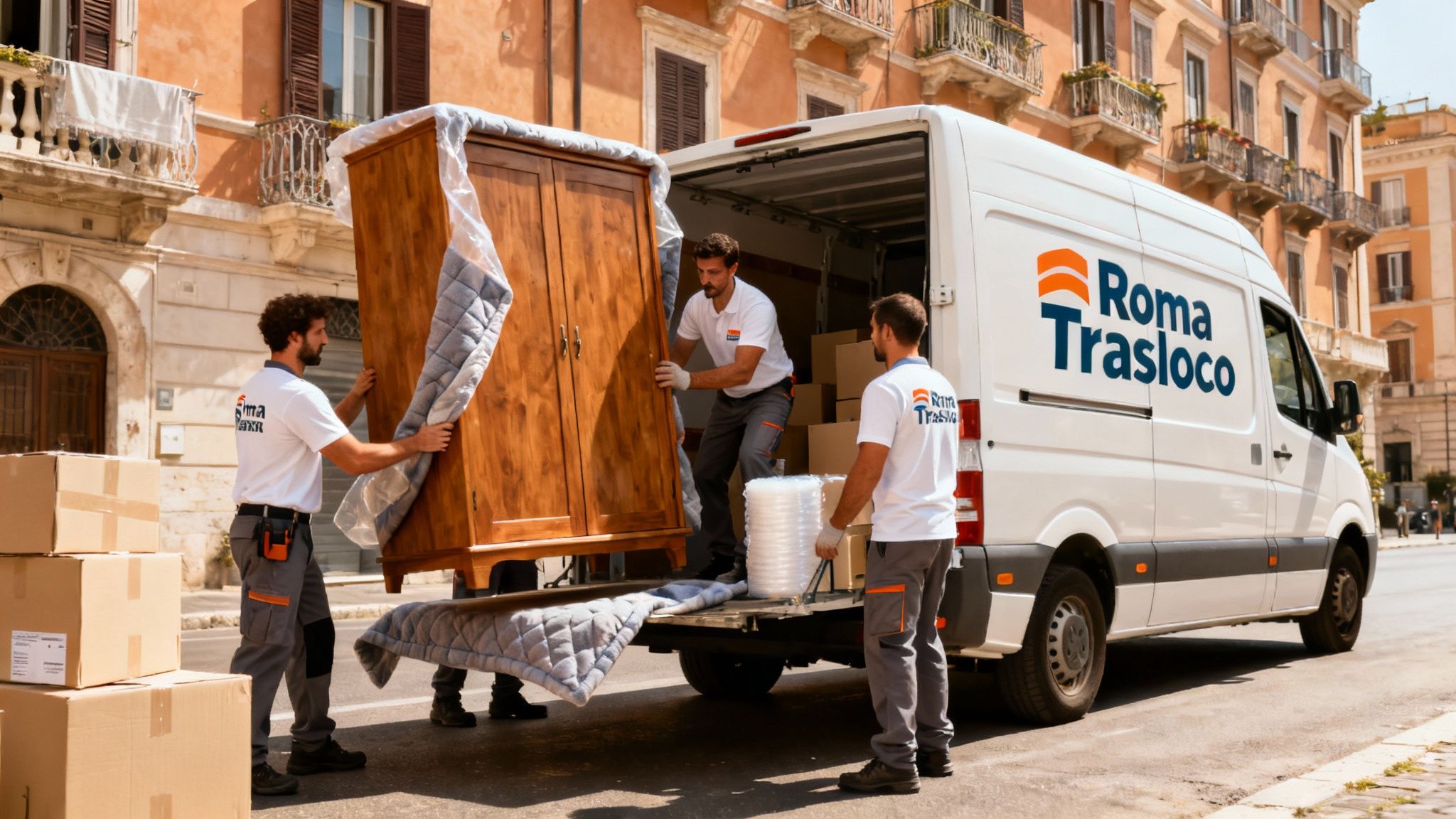 Quartiere San Lorenzo - squadra professionale carica mobili su furgone con branding Roma Trasloco visibile