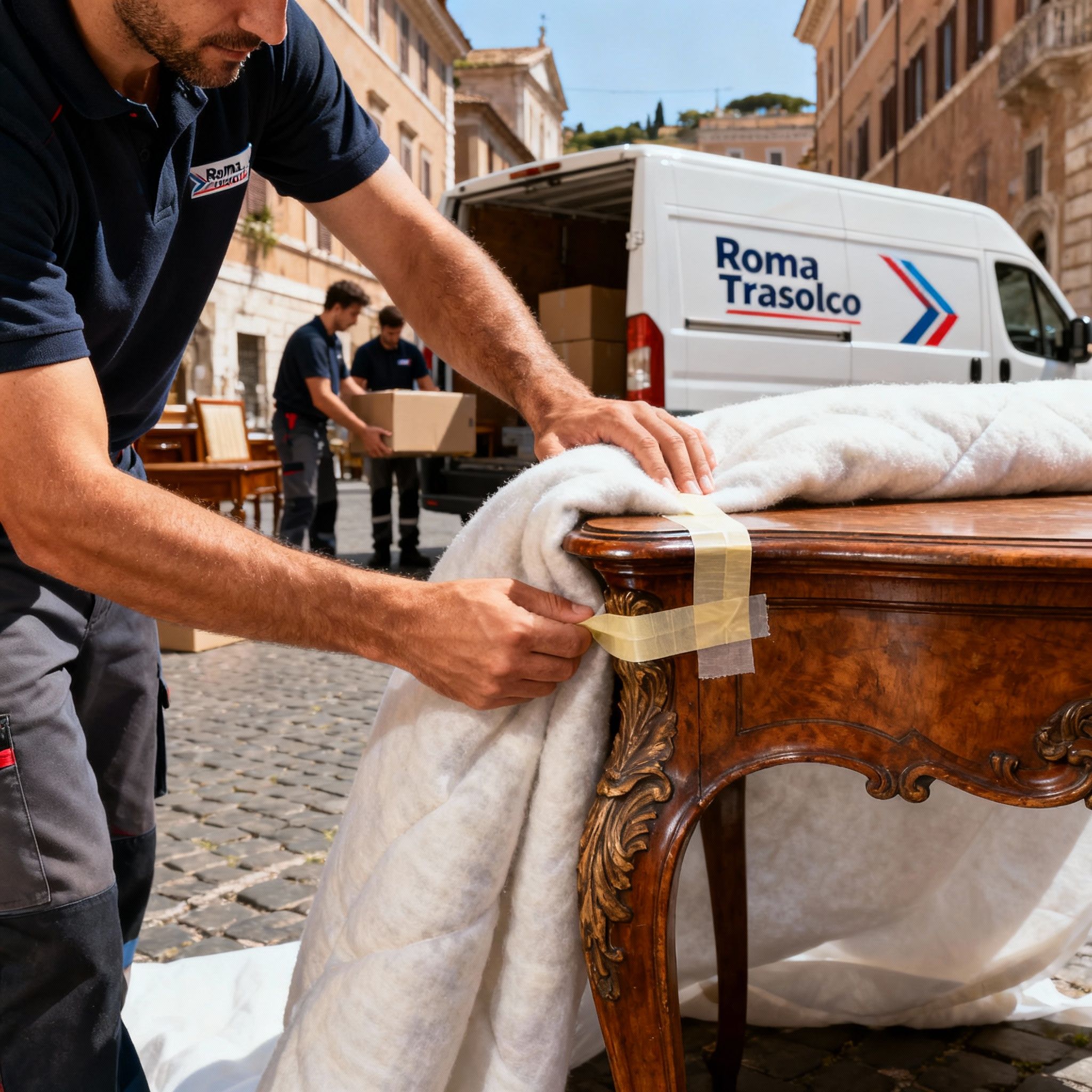 Dettaglio della protezione mobili per traslochi nel Quartiere San Saba. Mani esperte applicano coperte protettive su un tavolo.