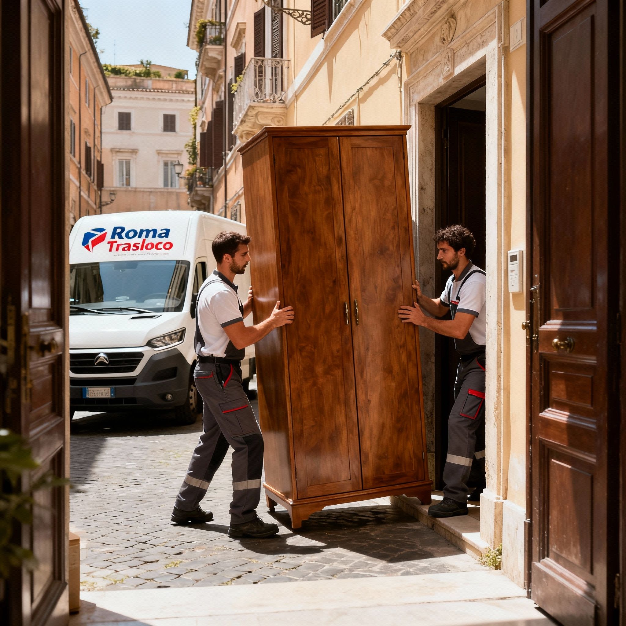Quartiere San Saba - Team di traslocatori esperti sposta un armadio con cura e coordinazione in un appartamento a Roma.
