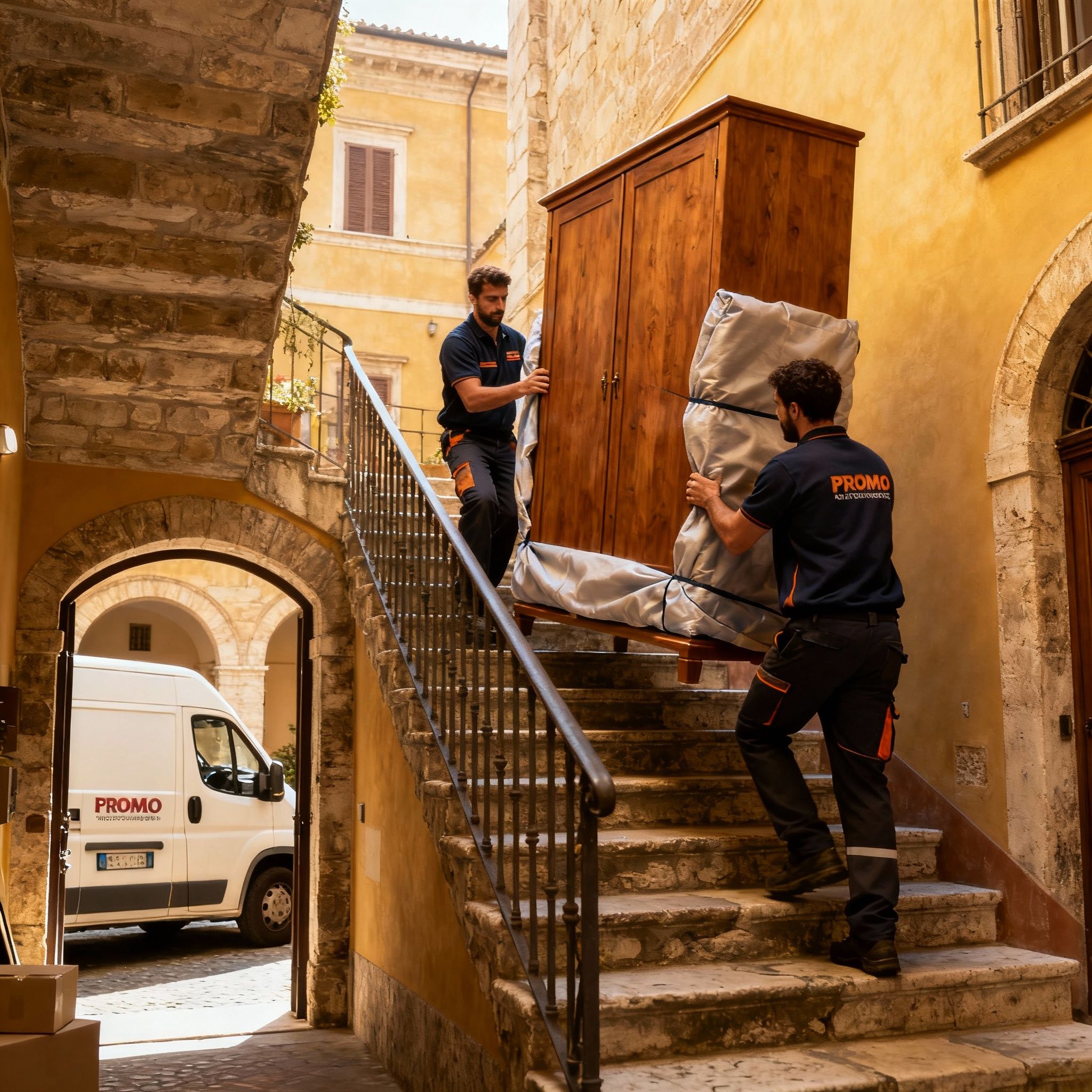 Quartiere Santa Maria delle Grazie - due operatori esperti collaborano per trasportare armadio tradizionale su scale romane
