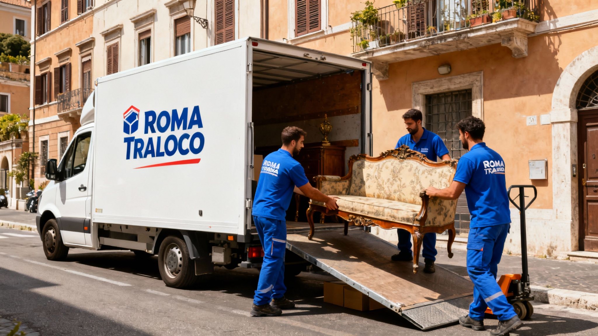 Quartiere Santa Maria delle Grazie - squadra professionale carica mobili eleganti su furgone moderno con logo Roma Trasloco