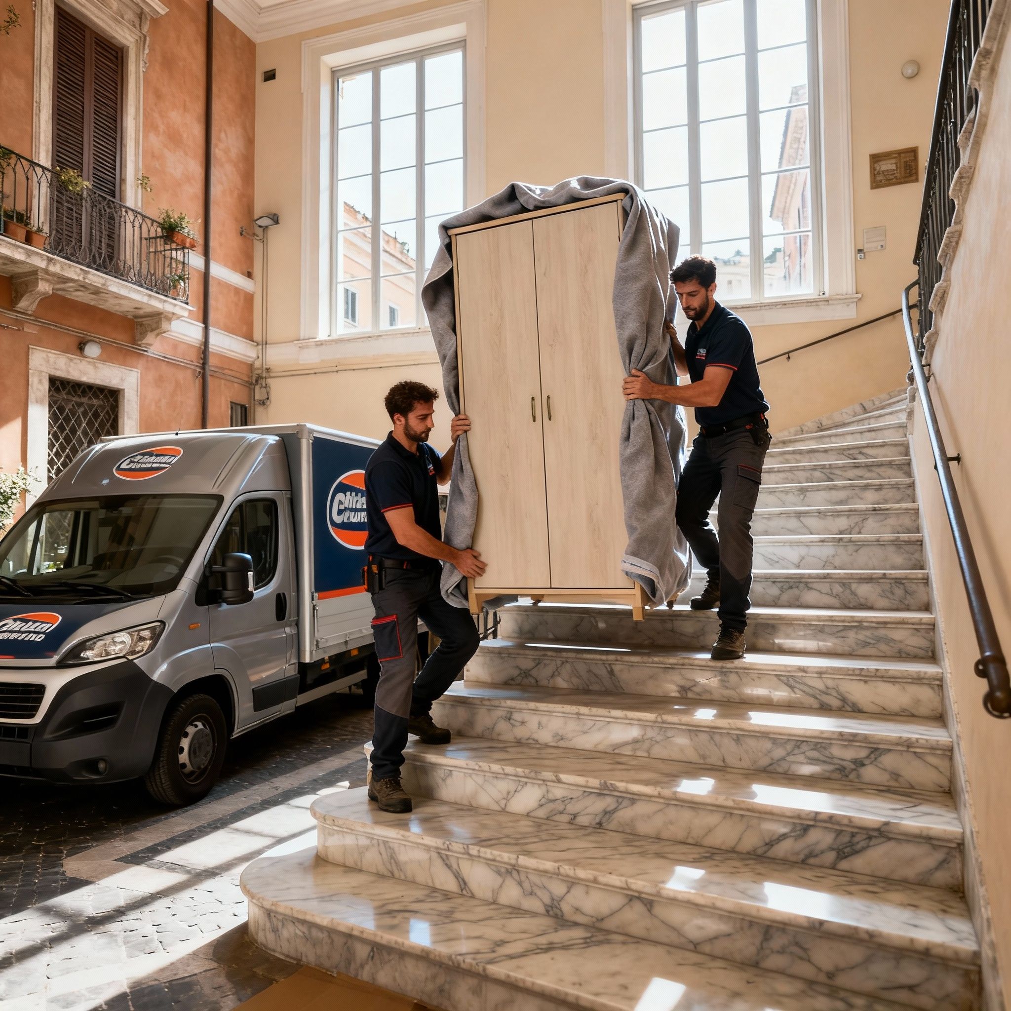 Quartiere Serpentara - operatori maschi collaborano trasporto mobili con esperienza e cura