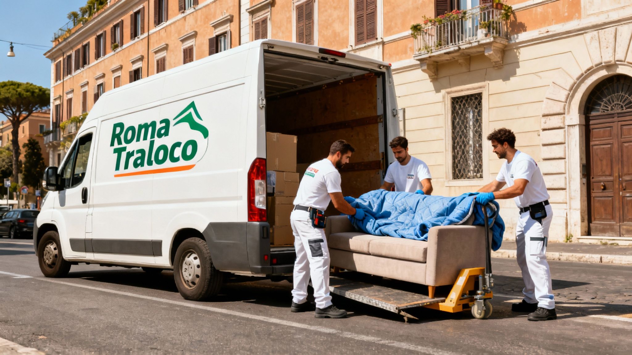 Quartiere Serpentara - squadra professionale traslochi carica mobili su furgone moderno Roma