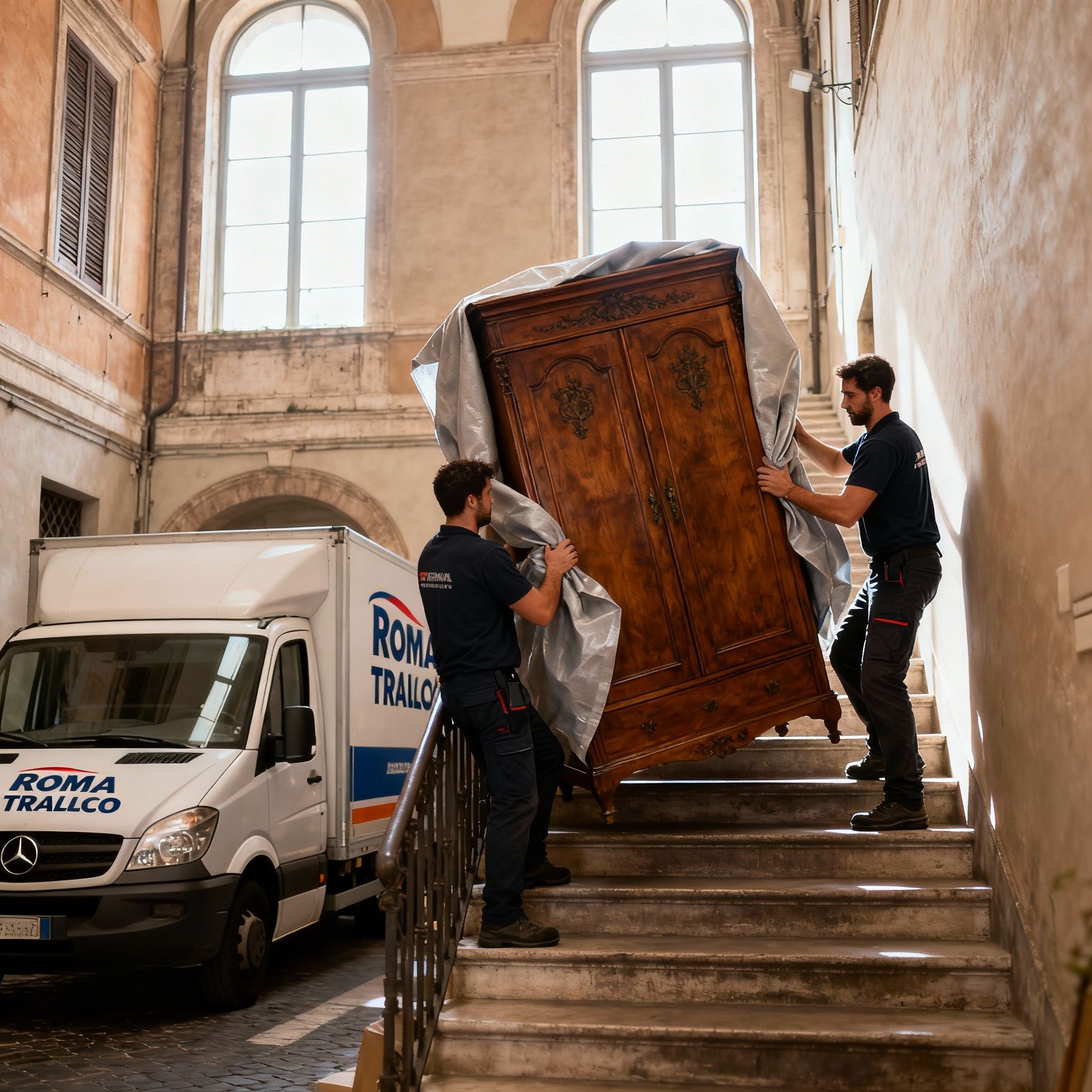 Quartiere Settebagni - due operatori professionali collaborano su scale romane con mobili antichi