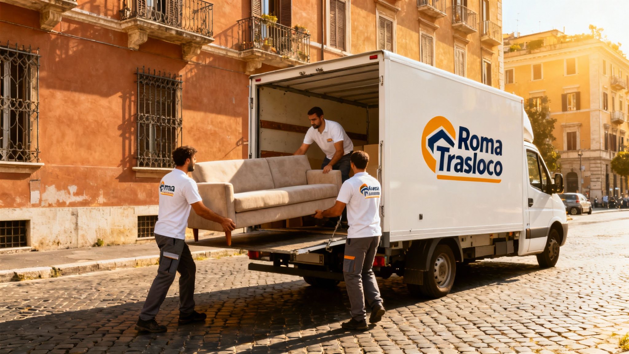 Quartiere Settecamini - squadra professionale carica mobili su furgone Roma Trasloco
