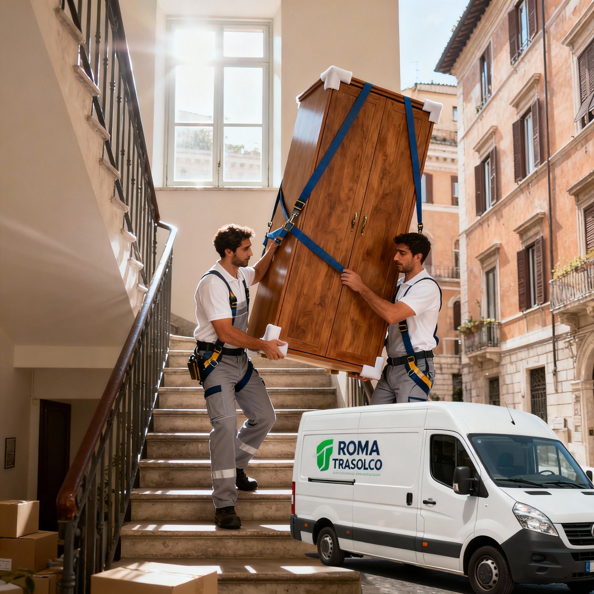 Quartiere Talenti - Operatori traslochi collaborano su mobili in edificio romano