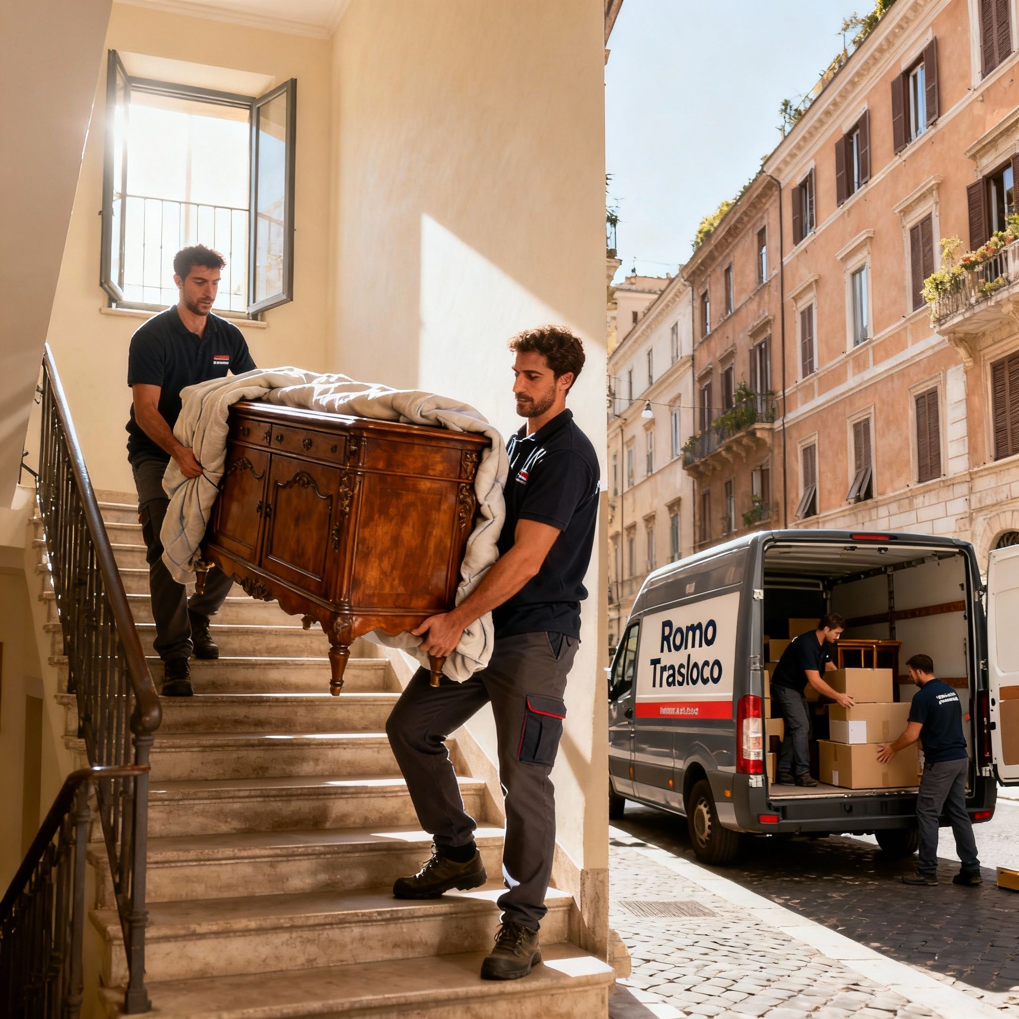 Team di traslocatori professionisti al lavoro nel Quartiere Testaccio, trasportano un mobile pesante con massima coordinazione.
