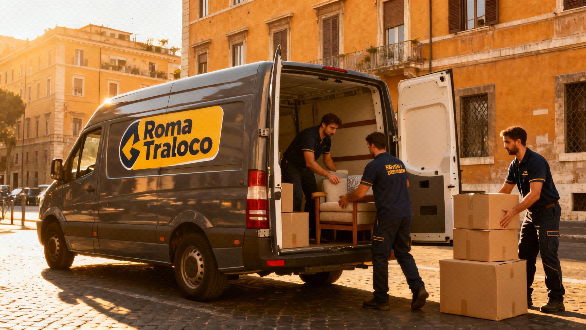 Trasloco Quartiere Testaccio - squadra professionale carica furgone brandizzato Roma Trasloco in una via caratteristica romana.