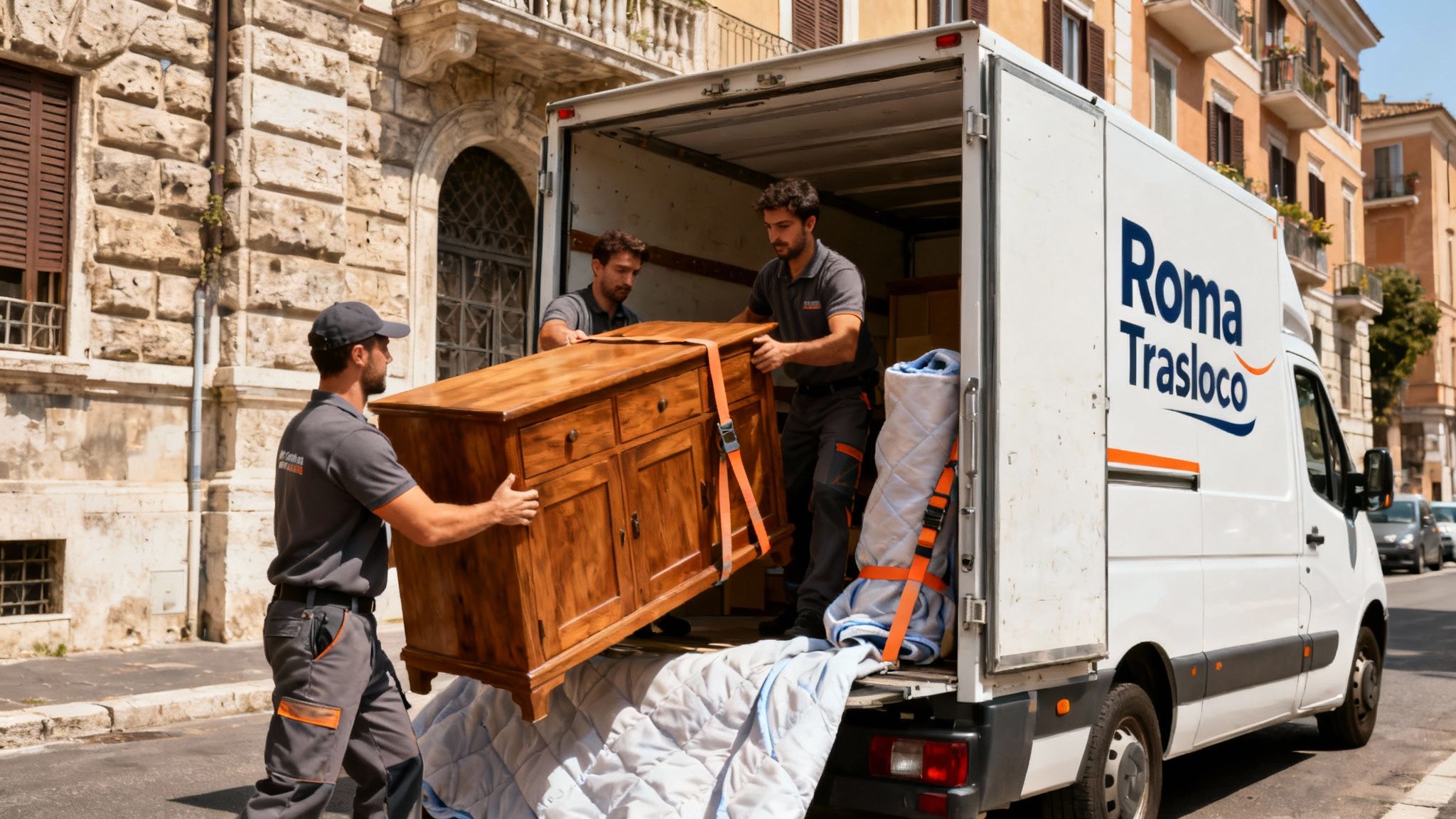 Quartiere Tor Cervara - squadra professionale traslochi carica furgone con mobili in via romana