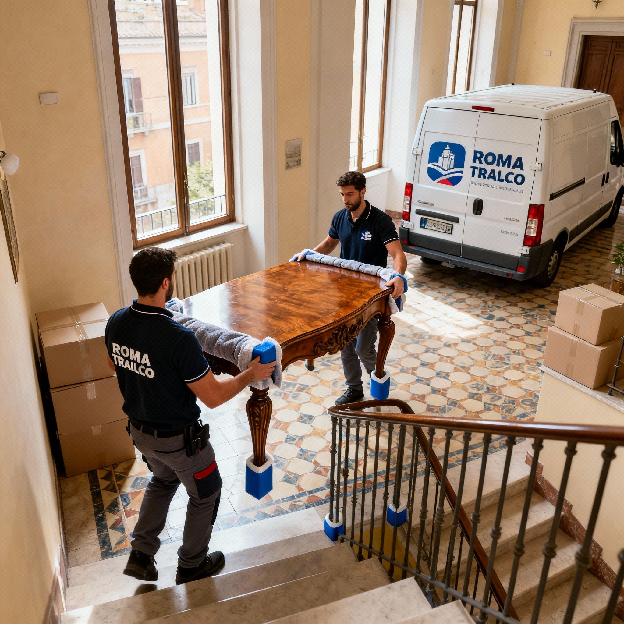 Quartiere Tor Cervara - operatori maschili collaborano trasportando mobili antichi su scale