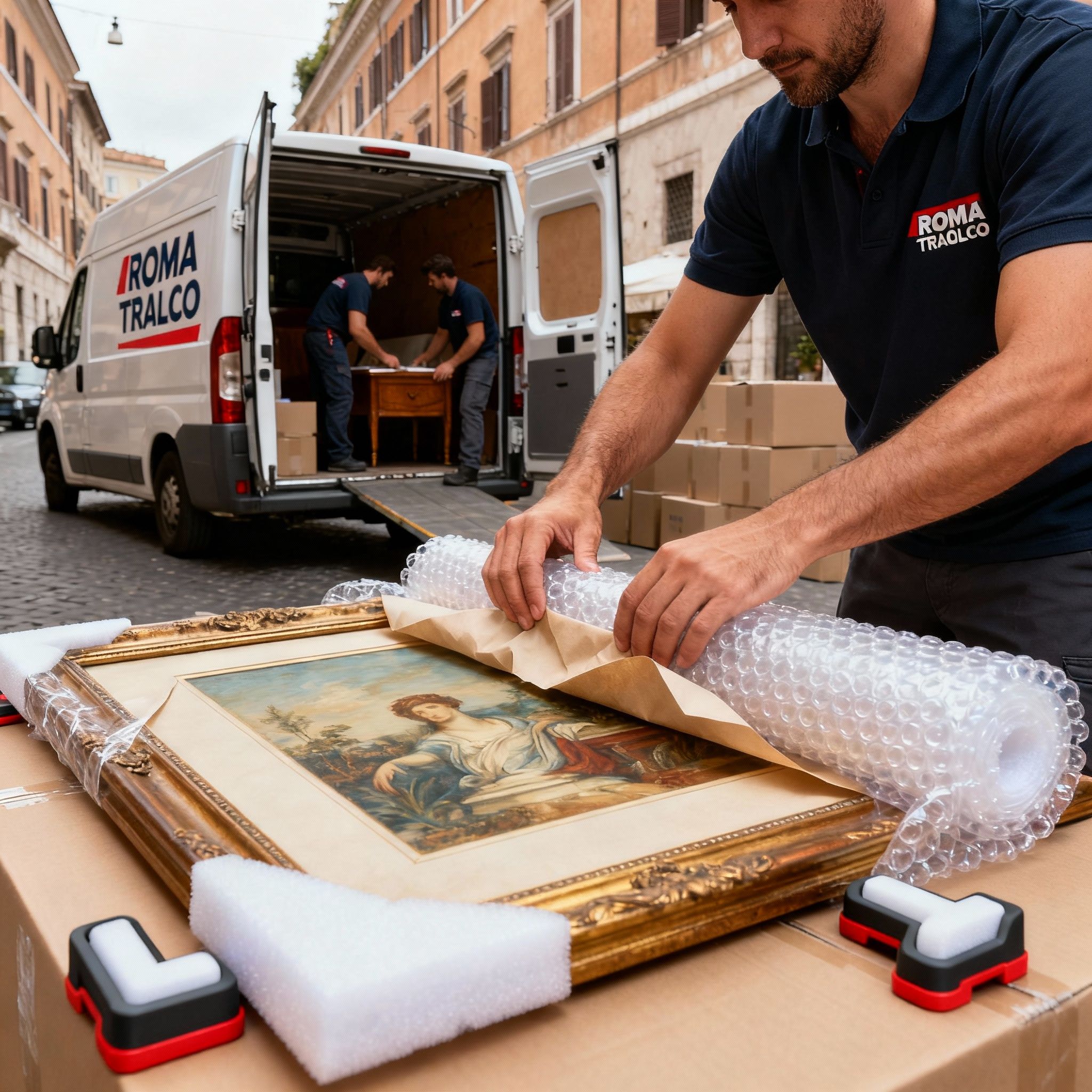 Quartiere Tor Cervara - dettaglio mani esperte avvolgono opera d'arte con materiali protettivi