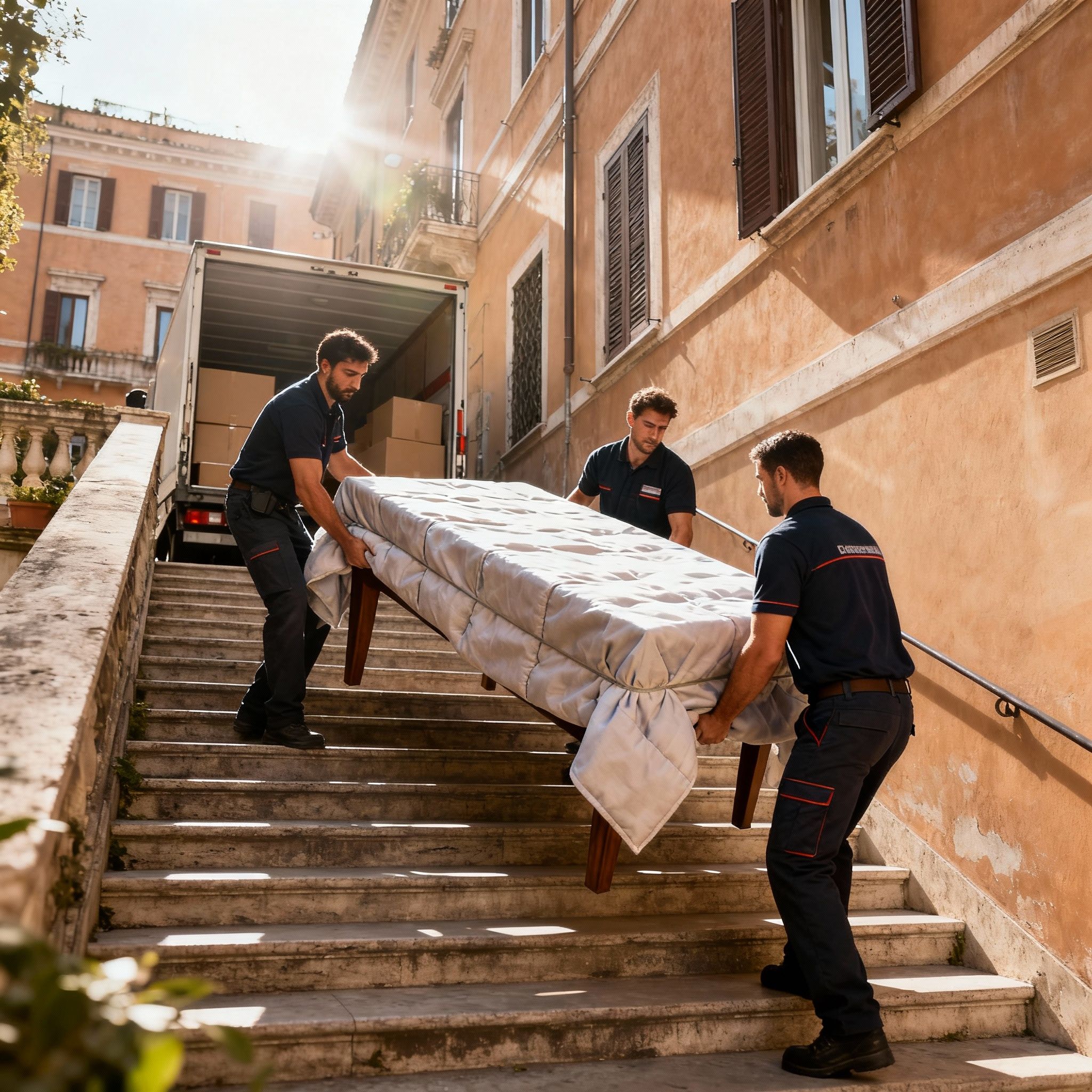 Quartiere Tor Tre Teste - team trasporta tavolo giù per le scale