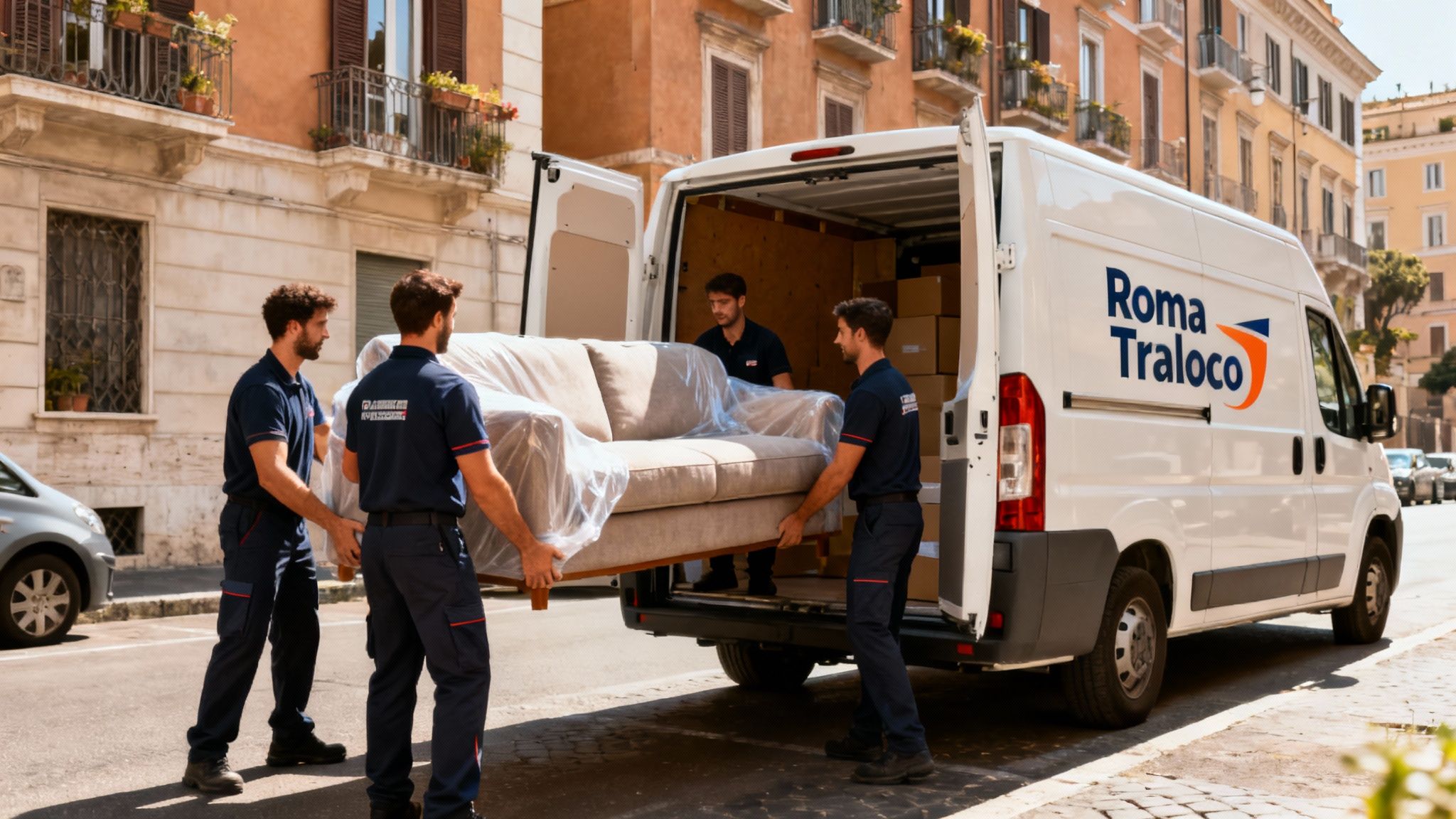 Quartiere Tor Tre Teste - squadra carica divano nel furgone Roma Trasloco