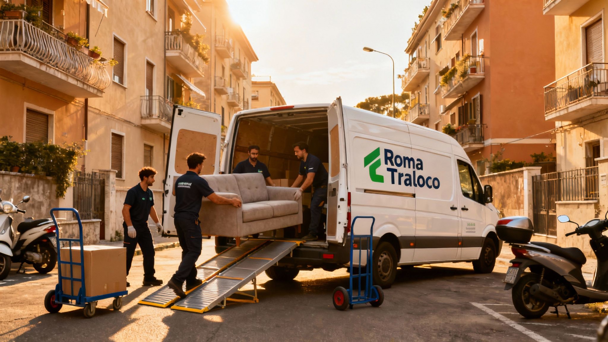 Quartiere Torpignattara - squadra carica mobili su furgone Roma Trasloco