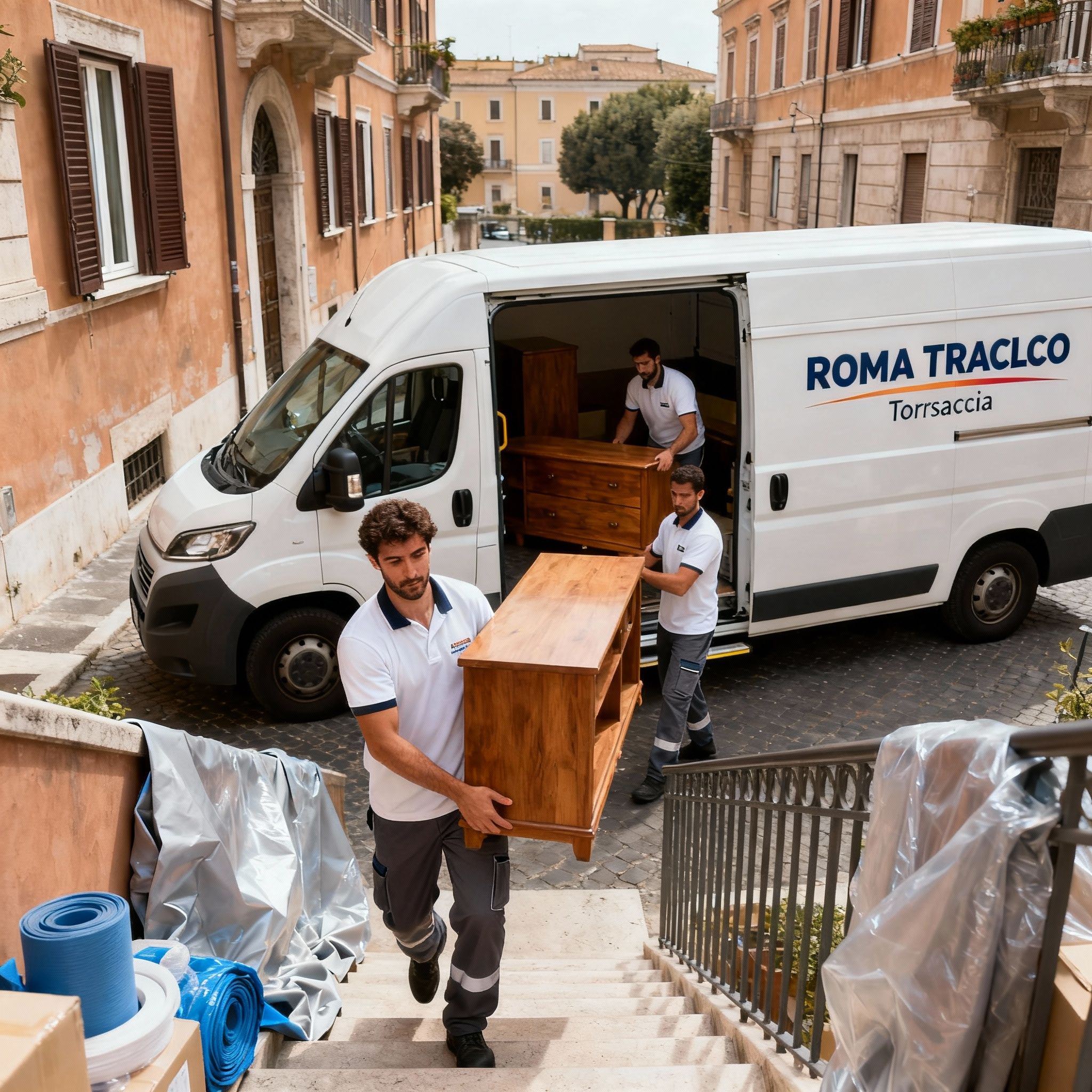 Quartiere Torraccia - operatori maschi collaborano in palazzo romano per trasporto sicuro
