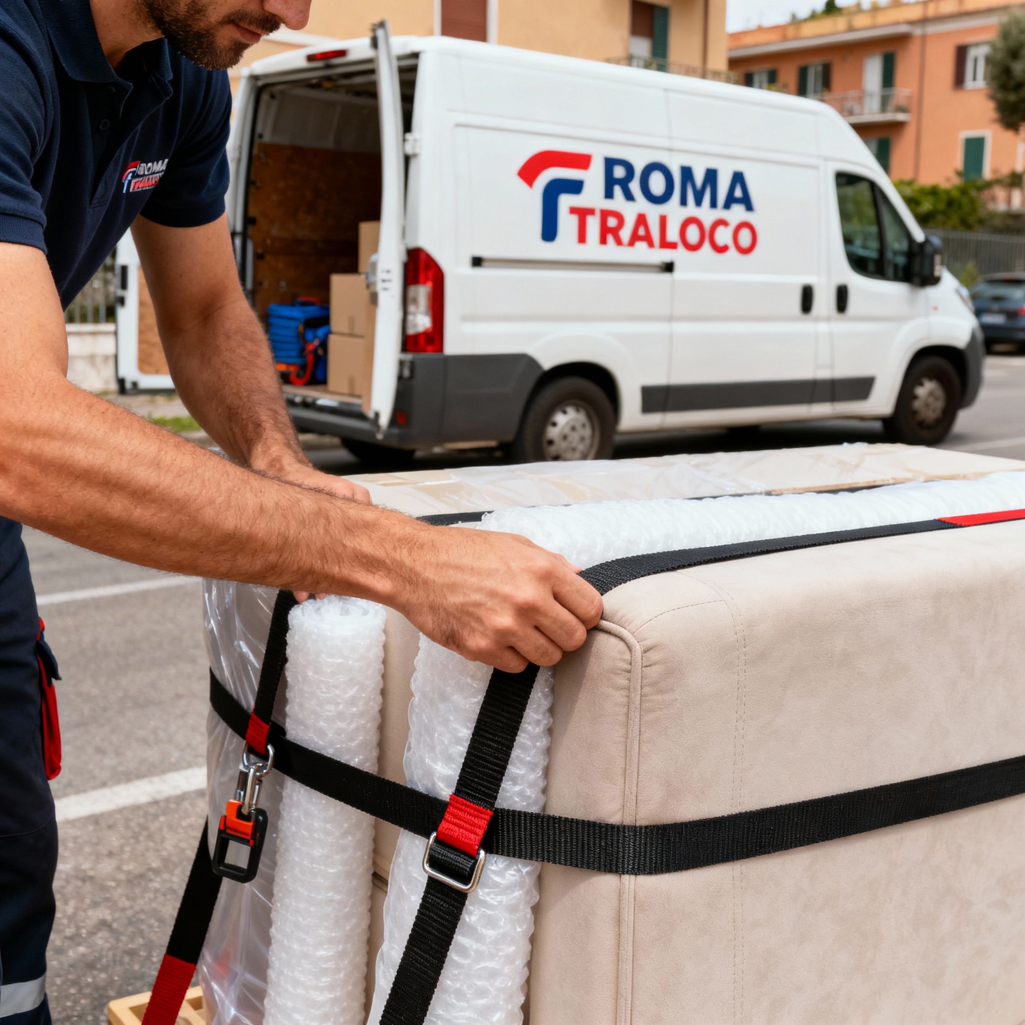 Quartiere Torraccia - dettaglio mani operatore maschio assicura mobili con materiali protezione