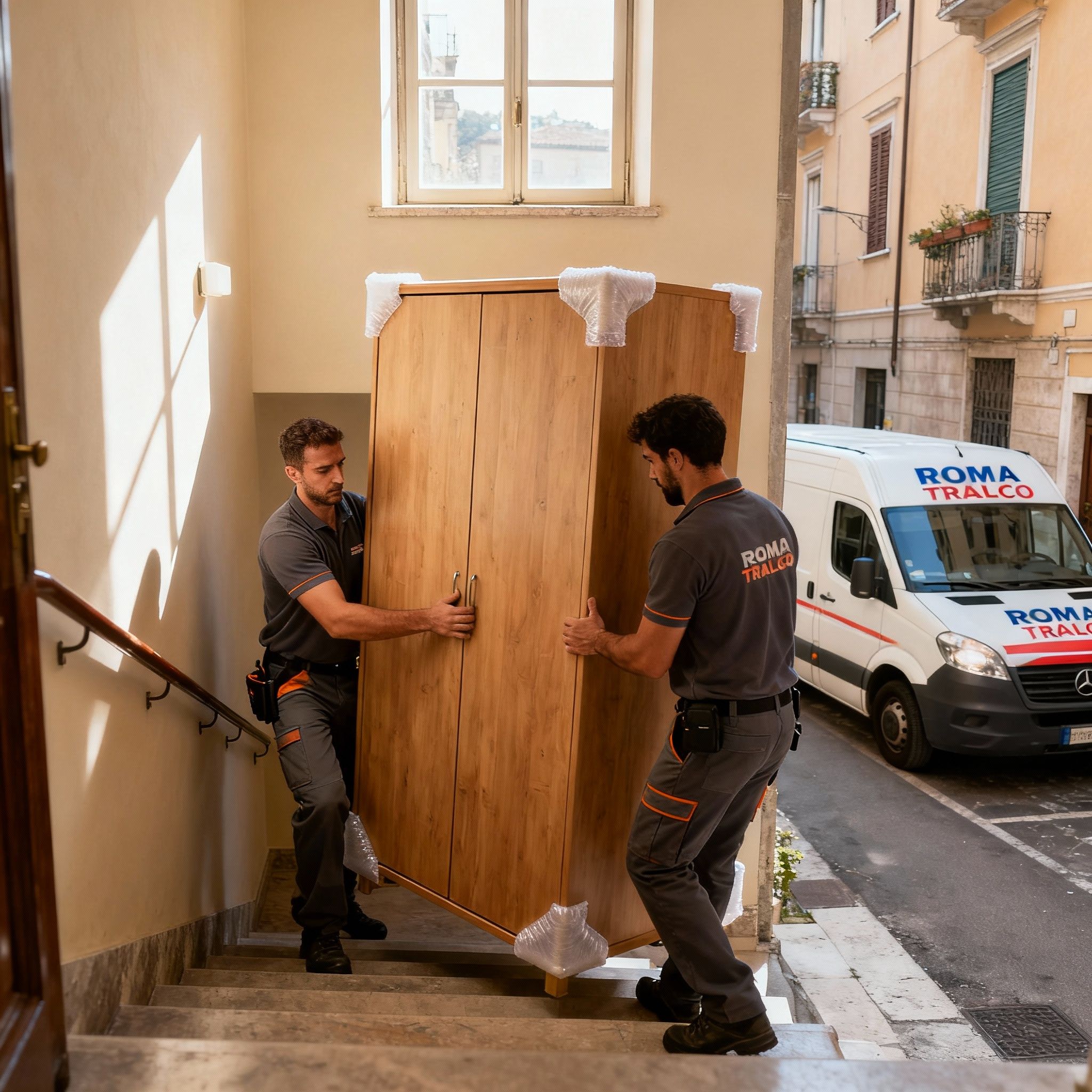 Quartiere Trieste - operatori maschi collaborano nel trasporto mobili su scale