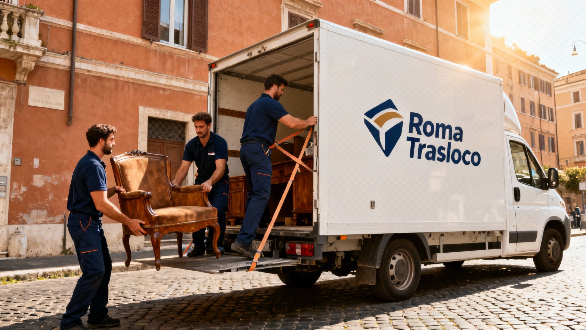 Quartiere Val Melaina - squadra professionale carica mobili su furgone con logo Roma Trasloco