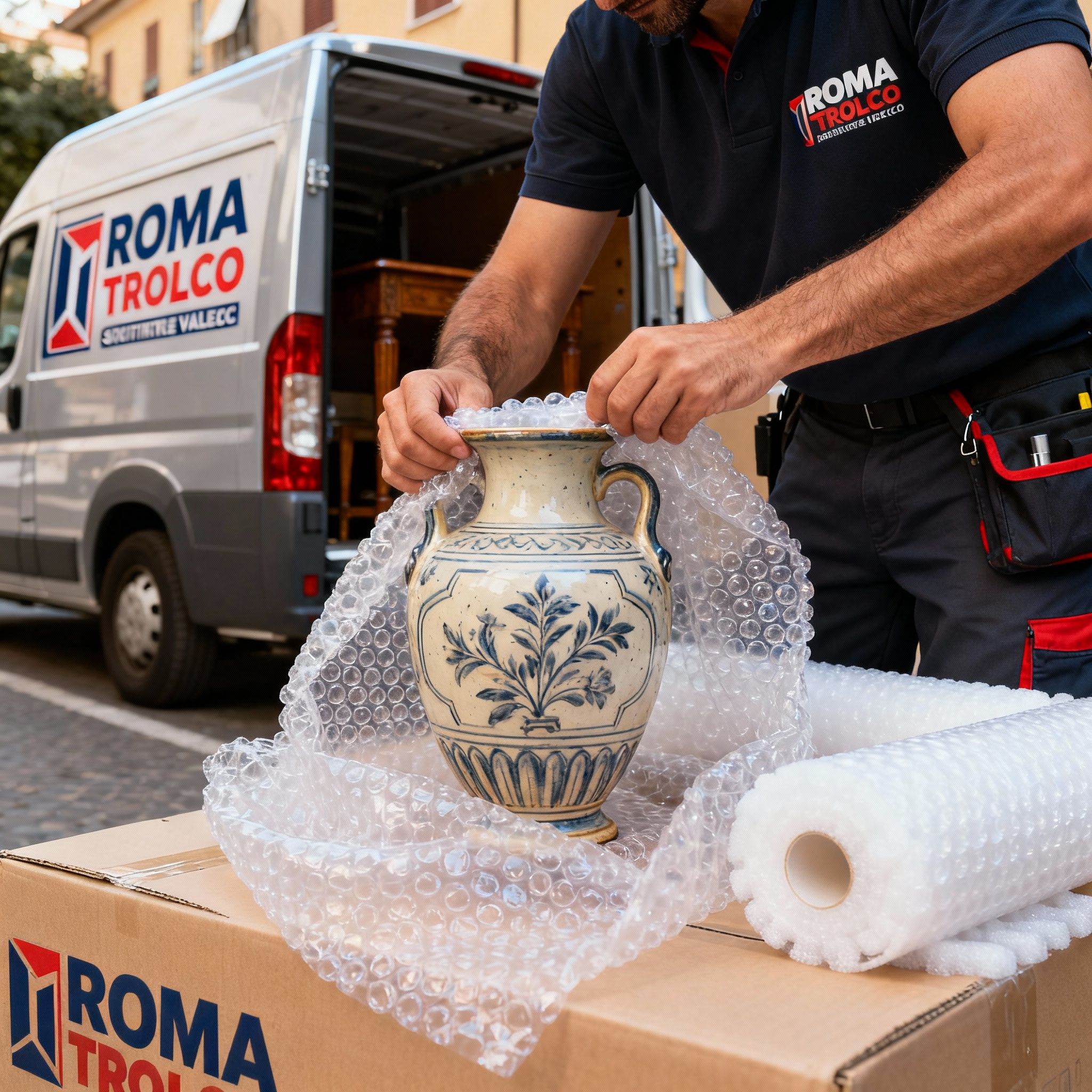 Quartiere Valle Ricca - dettaglio mani esperte imballano vaso antico con materiali Roma Trasloco premium e protezione massima