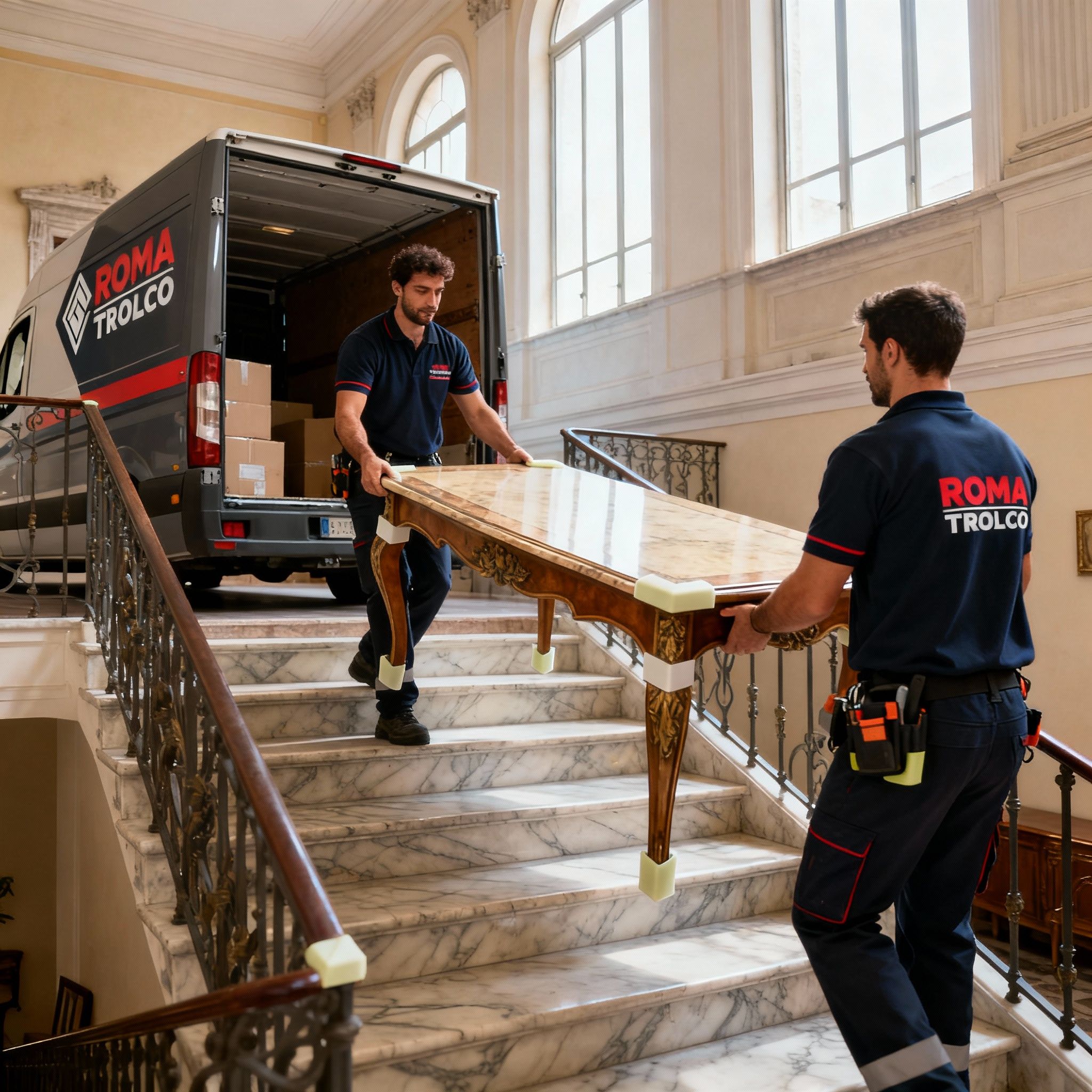 Quartiere Valle Ricca - due operatori maschi collaborano portando tavolo elegante giù dalle scale romane con precisione