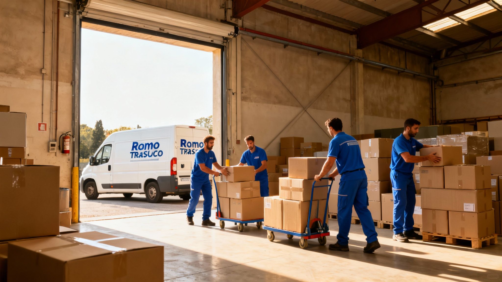 Sgombri magazzini Roma - squadra di professionisti al lavoro in un ampio magazzino con furgone brandizzato Roma Trasloco.