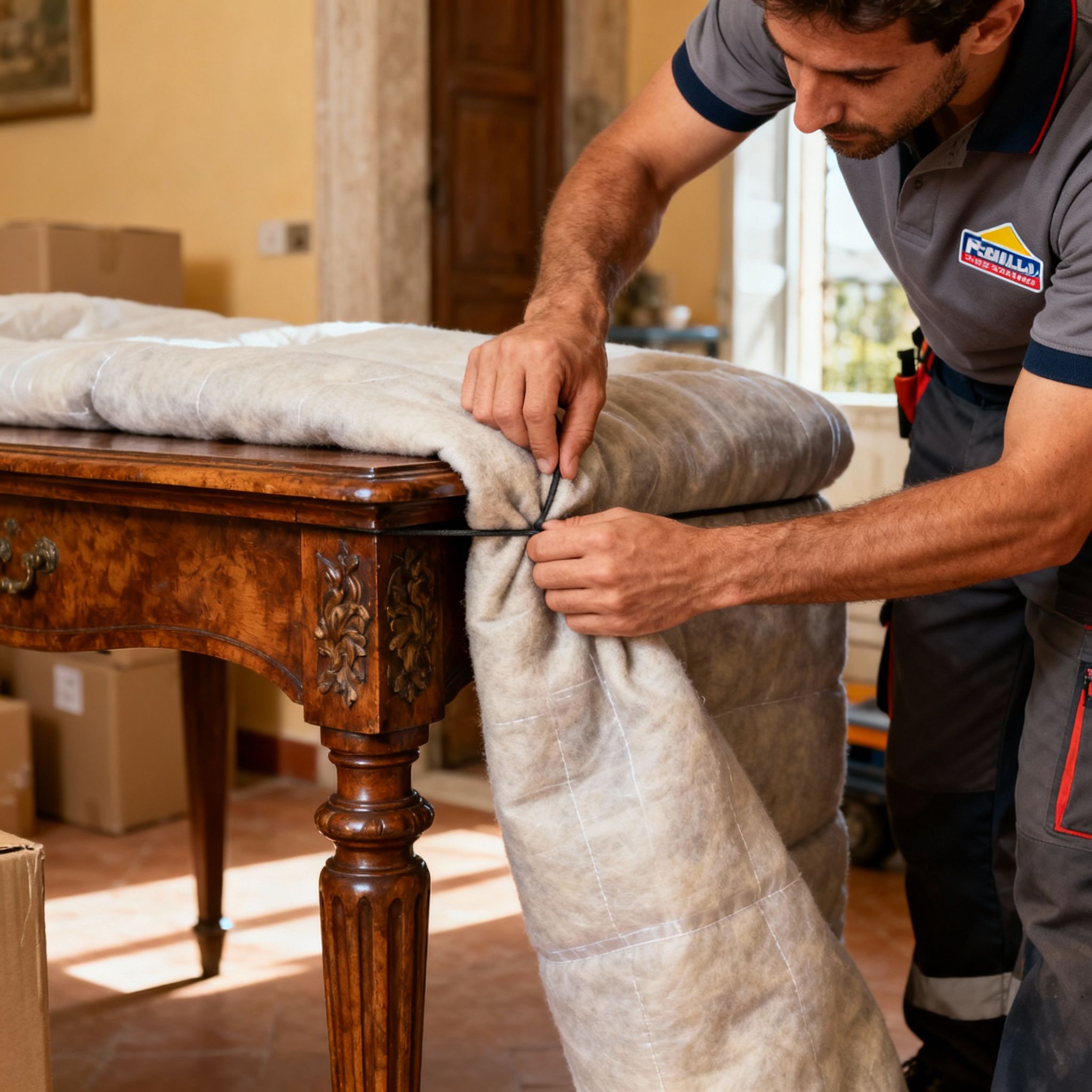 Sgombro urgente A Roma - Dettaglio della protezione di un mobile con coperte professionali antiurto.