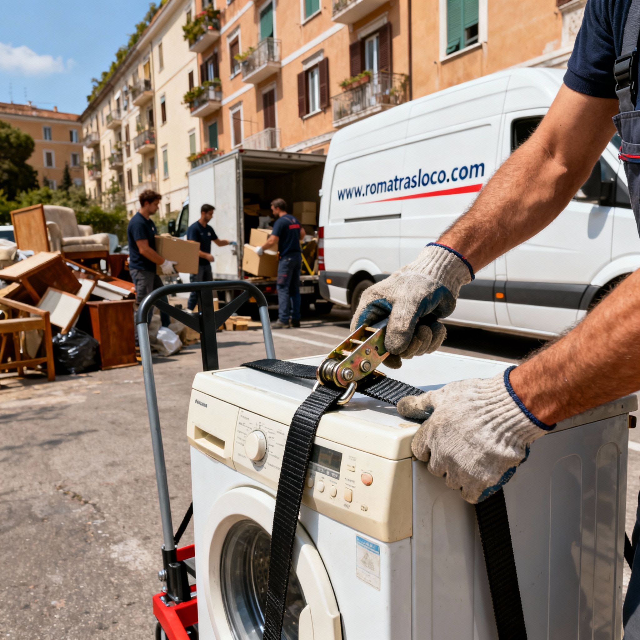 Smaltimenti Roma - Dettaglio di un operatore che mette in sicurezza un elettrodomestico per il trasporto sicuro.