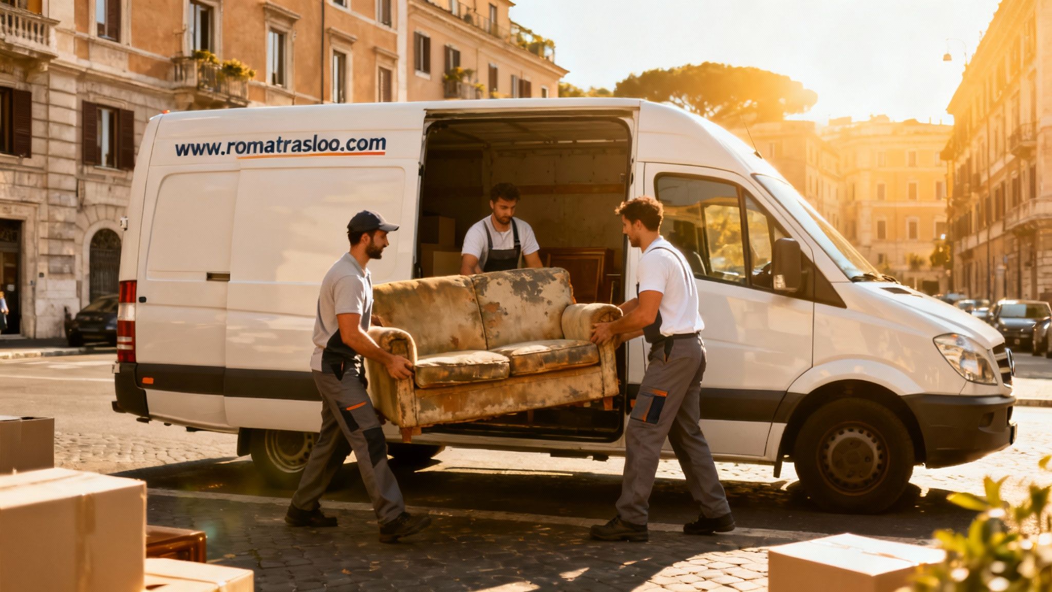 Smaltimenti Roma - Squadra di professionisti carica mobili vecchi su furgone brandizzato per servizio di sgombero cantine.