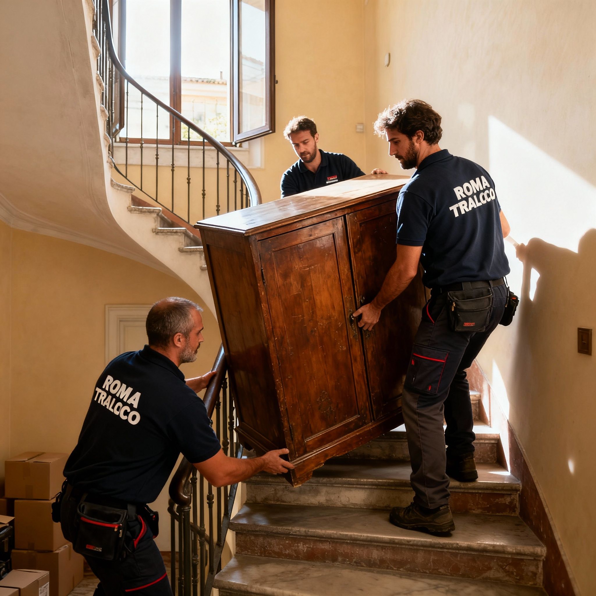Smaltimenti urgente Roma - Team di operatori esperti che trasporta con cura un mobile pesante lungo le scale di un palazzo romano.