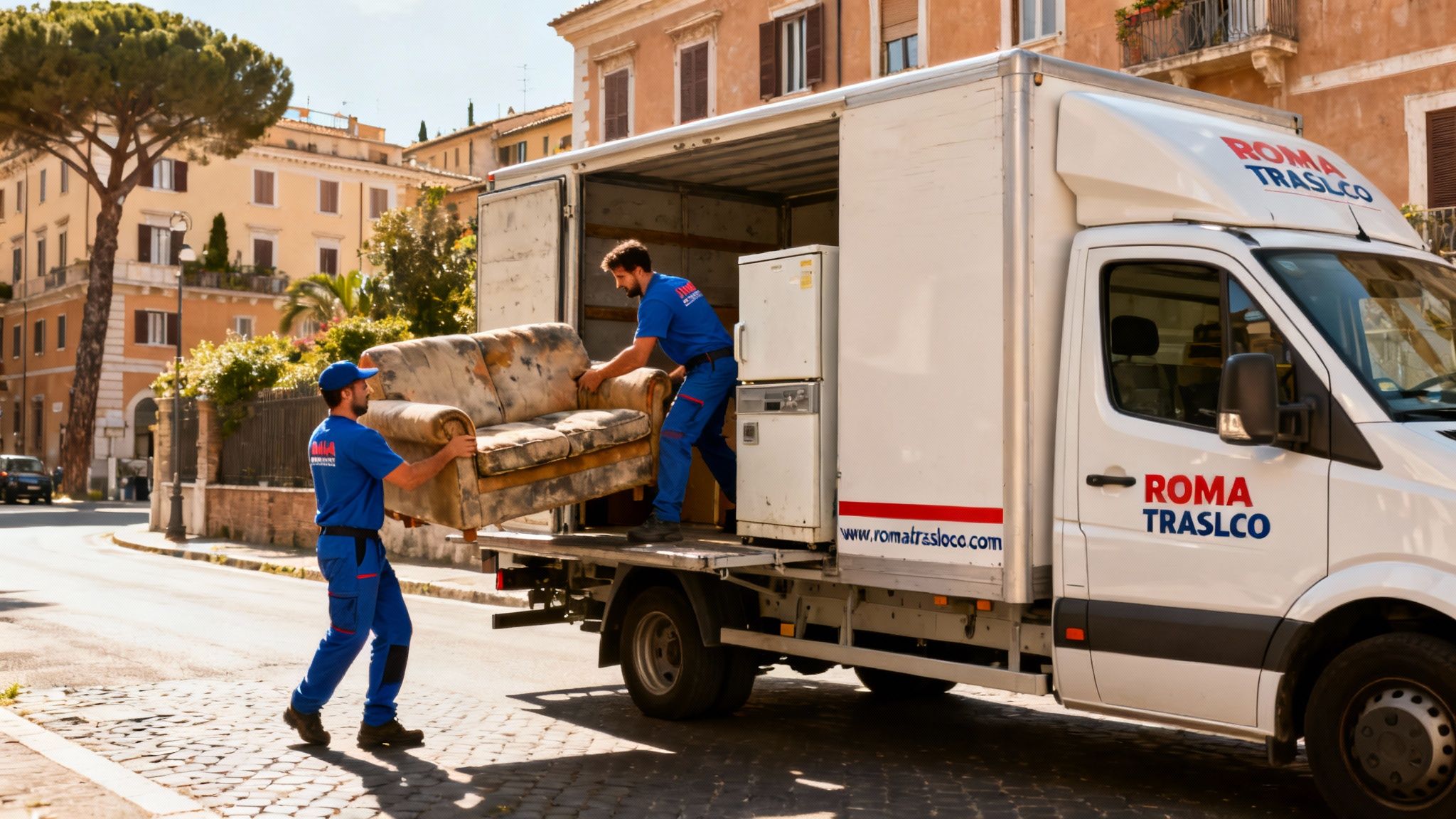 Smaltimenti urgente Roma - Squadra che carica mobili e elettrodomestici su furgone brandizzato per un servizio rapido e professionale.