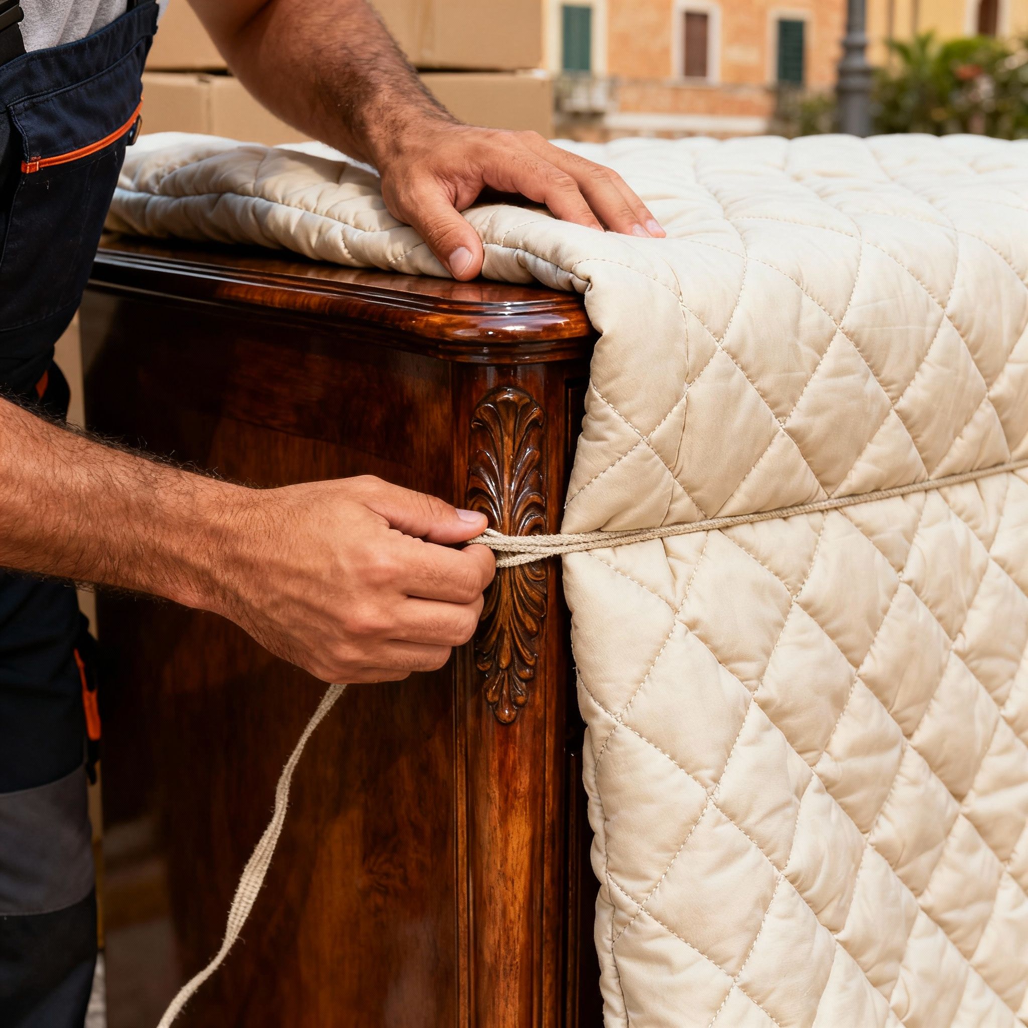 Traslochi Roma - dettaglio sulla protezione di un mobile con coperte professionali per un trasporto sicuro.